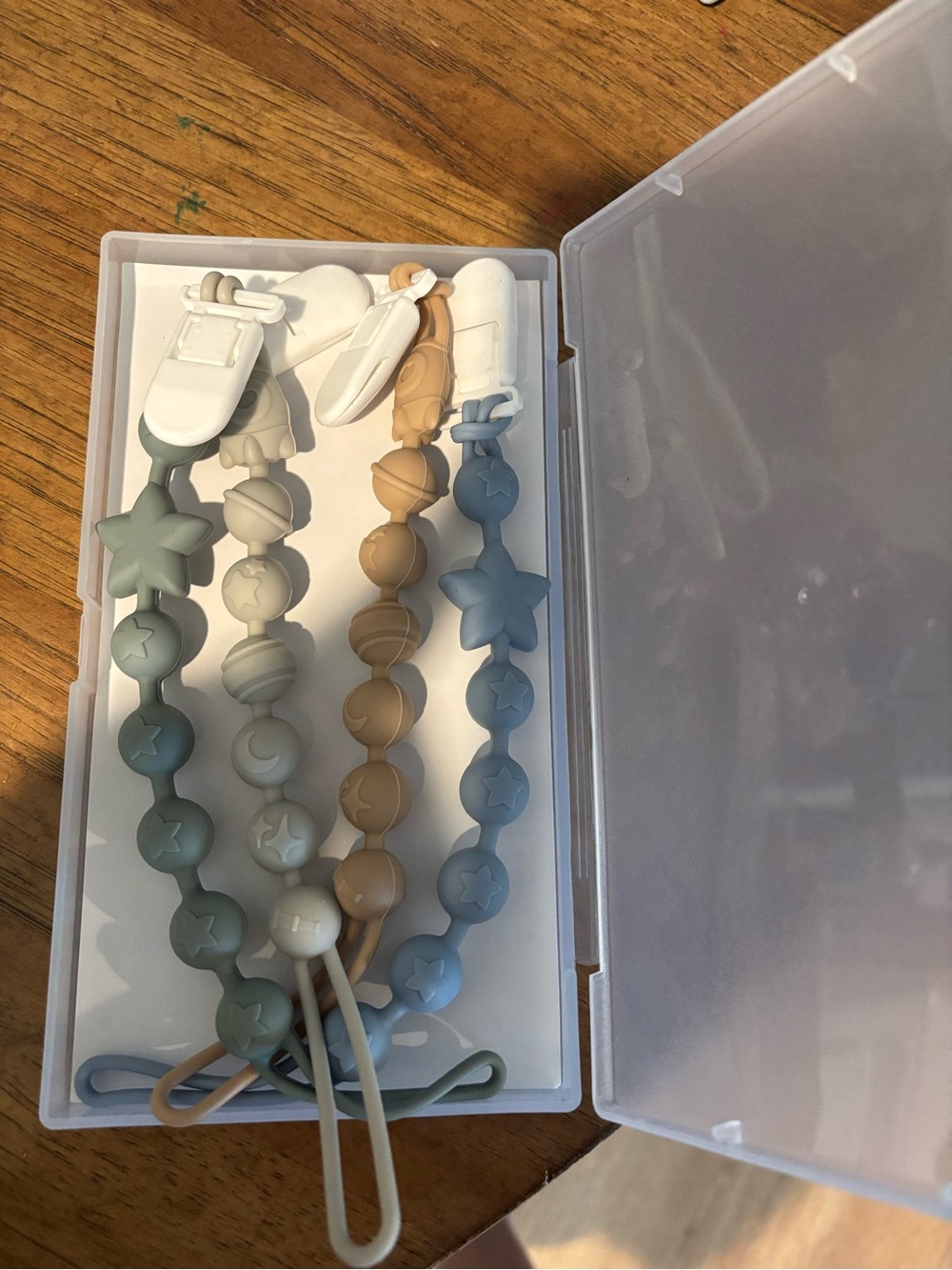 Silicone Star & Bead Pacifier Clips - Blue, Green, Beige Set